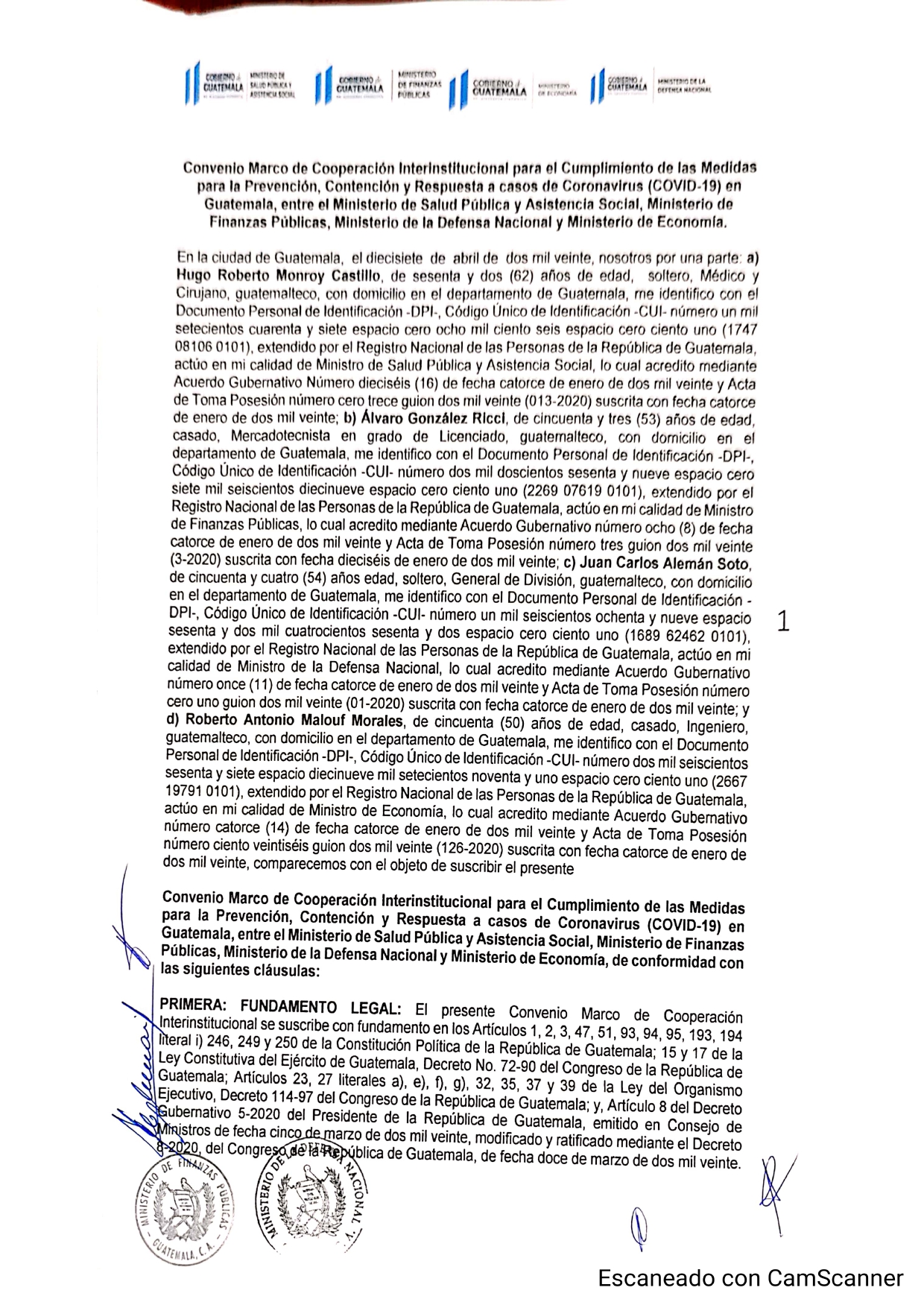 Convenio Marco de Cooperación Interinstitucional para el Cumplimiento de  las Medidas para Prevención, Contención y Respuesta a casos de Coronavirus  (COVID-19) en Guatemala
